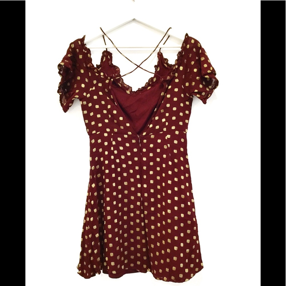 NWOT Topshop Off Shoulder Burgundy Gold Polka Dot Glam Mini Dress Sz 6 - Picture 5 of 8
